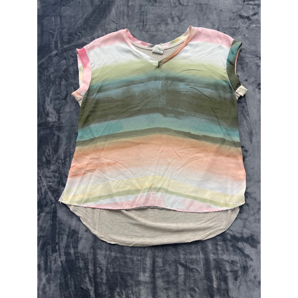 Tru Self Mixed Media V-Neck Top Womens L Multicolor Watercolor Abstract Stripe‎